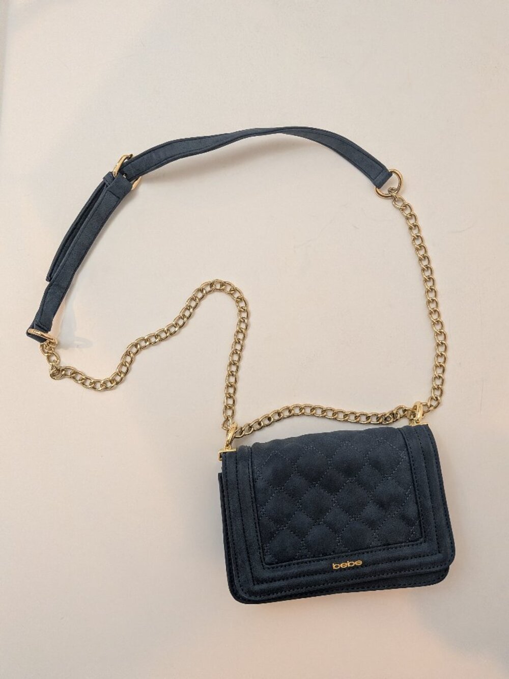 Bebe Suede Quilted Crossbody Bag in Slate Blue, 8" x 5"